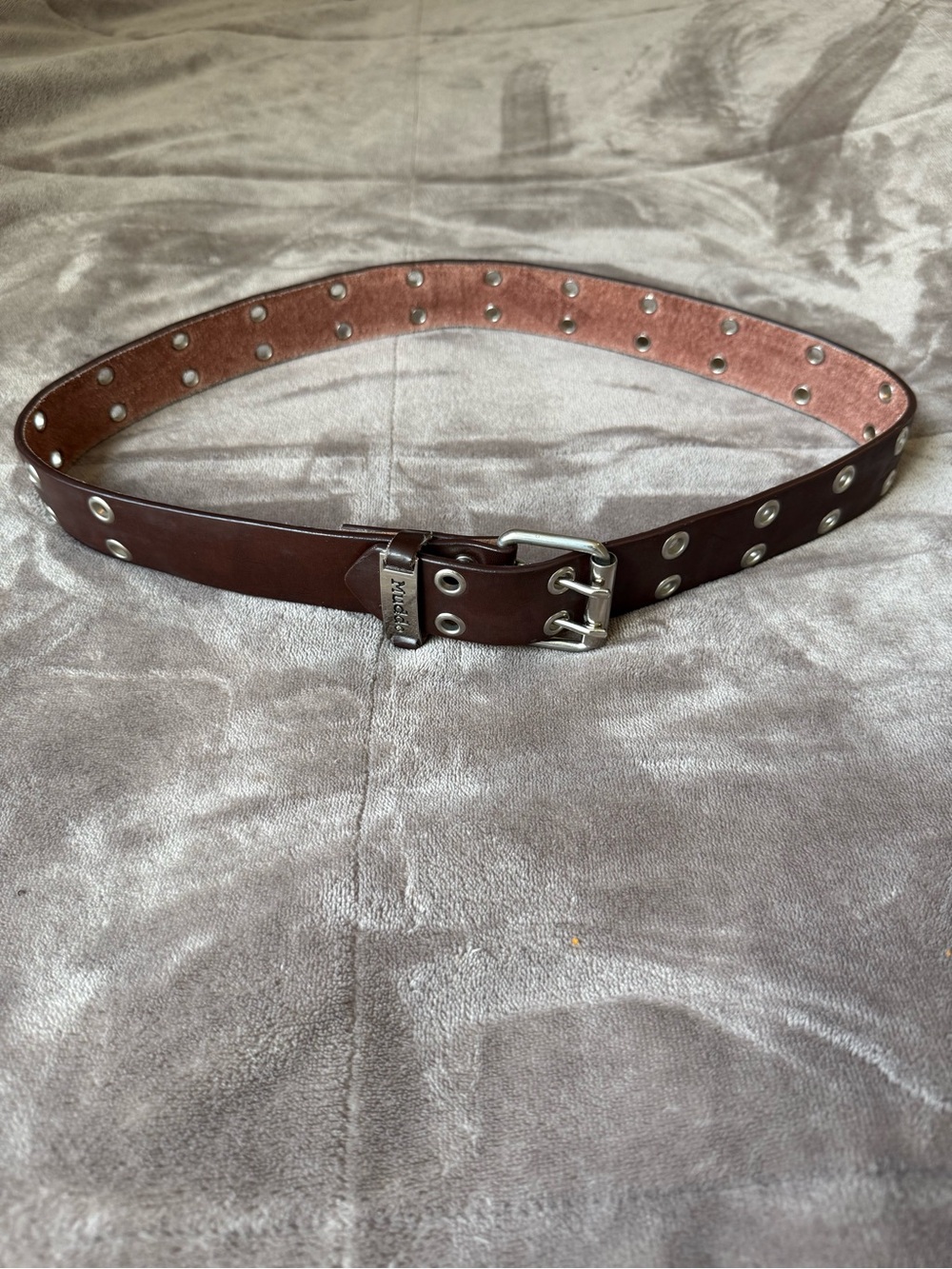 Mudd Brown Leather Double-Row Grommet Belt with Silver Hardware